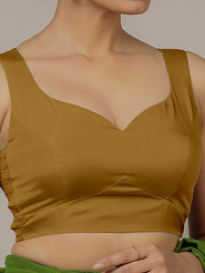 Ishika x Rozaana | Bronze Gold Sleeveless FlexiFit™ Saree Blouse with Beetle Leaf Neckline and Back Cut-out with Tie-Up