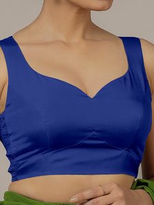 Ishika x Rozaana | Cobalt Blue Sleeveless FlexiFit™ Saree Blouse with Beetle Leaf Neckline and Back Cut-out with Tie-Up