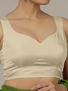 Ishika x Rozaana | Cream Sleeveless FlexiFit™ Saree Blouse with Beetle Leaf Neckline and Back Cut-out with Tie-Up