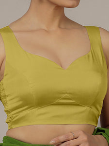 Ishika x Rozaana | Lemon Yellow Sleeveless FlexiFit™ Saree Blouse with Beetle Leaf Neckline and Back Cut-out with Tie-Up