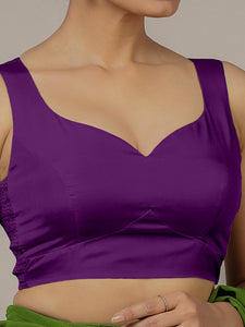 Ishika x Rozaana | Purple Sleeveless FlexiFit™ Saree Blouse with Beetle Leaf Neckline and Back Cut-out with Tie-Up