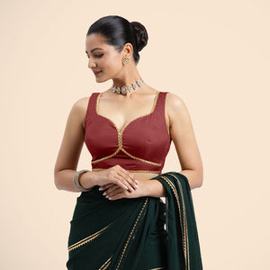  Ishika x Tyohaar | Auburn Red Sleeveless FlexiFit™ Saree Blouse with Beetle Leaf Neckline with Gota Lace and Back Cut-out with Tie-Up_2