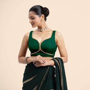  Ishika x Tyohaar | Bottle Green Sleeveless FlexiFit™ Saree Blouse with Beetle Leaf Neckline with Gota Lace and Back Cut-out with Tie-Up_1