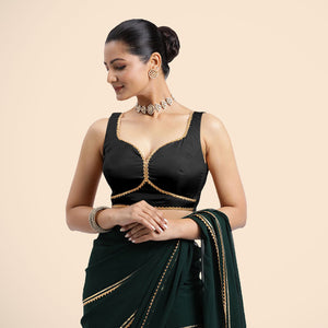  Ishika x Tyohaar | Charcoal Black Sleeveless FlexiFit™ Saree Blouse with Beetle Leaf Neckline with Gota Lace and Back Cut-out with Tie-Up_5