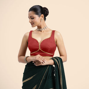  Ishika x Tyohaar | Crimson Red Sleeveless FlexiFit™ Saree Blouse with Beetle Leaf Neckline with Gota Lace and Back Cut-out with Tie-Up_4