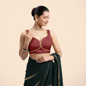  Ishika x Tyohaar | Auburn Red Sleeveless FlexiFit™ Saree Blouse with Beetle Leaf Neckline with Gota Lace and Back Cut-out with Tie-Up_3