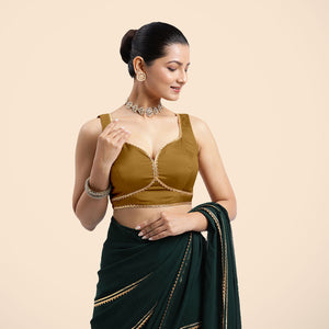  Ishika x Tyohaar | Bronze Gold Sleeveless FlexiFit™ Saree Blouse with Beetle Leaf Neckline with Gota Lace and Back Cut-out with Tie-Up_2