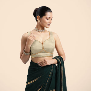  Ishika x Tyohaar | Cream Sleeveless FlexiFit™ Saree Blouse with Beetle Leaf Neckline with Gota Lace and Back Cut-out with Tie-Up_2