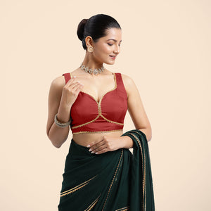  Ishika x Tyohaar | Crimson Red Sleeveless FlexiFit™ Saree Blouse with Beetle Leaf Neckline with Gota Lace and Back Cut-out with Tie-Up_5
