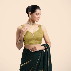 Ishika x Tyohaar | Lemon Yellow Sleeveless FlexiFit™ Saree Blouse with Beetle Leaf Neckline with Gota Lace and Back Cut-out with Tie-Up - Binks  