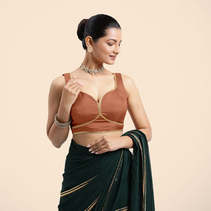 Ishika x Tyohaar | Metallic Copper Sleeveless FlexiFit™ Saree Blouse with Beetle Leaf Neckline with Gota Lace and Back Cut-out with Tie-Up_1