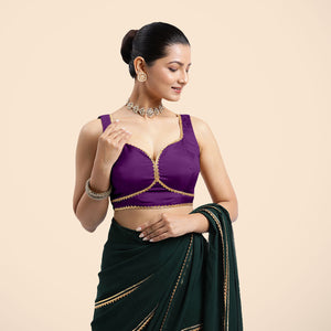 Ishika x Tyohaar | Purple Sleeveless FlexiFit™ Saree Blouse with Beetle Leaf Neckline with Gota Lace and Back Cut-out with Tie-Up_1