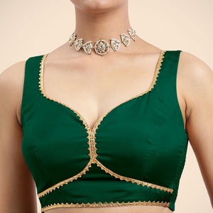  Ishika x Tyohaar | Bottle Green Sleeveless FlexiFit™ Saree Blouse with Beetle Leaf Neckline with Gota Lace and Back Cut-out with Tie-Up_4