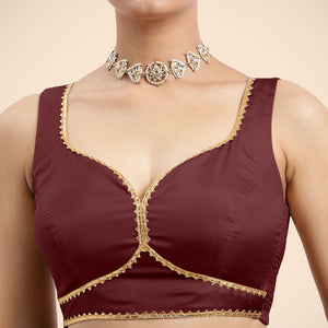  Ishika x Tyohaar | Burgundy Sleeveless FlexiFit™ Saree Blouse with Beetle Leaf Neckline with Gota Lace and Back Cut-out with Tie-Up_6