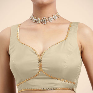  Ishika x Tyohaar | Cream Sleeveless FlexiFit™ Saree Blouse with Beetle Leaf Neckline with Gota Lace and Back Cut-out with Tie-Up_3