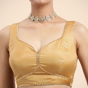  Ishika x Tyohaar | Gold Sleeveless FlexiFit™ Saree Blouse with Beetle Leaf Neckline with Gota Lace and Back Cut-out with Tie-Up_4