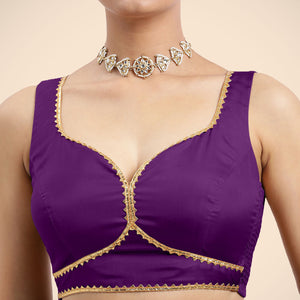  Ishika x Tyohaar | Purple Sleeveless FlexiFit™ Saree Blouse with Beetle Leaf Neckline with Gota Lace and Back Cut-out with Tie-Up_3
