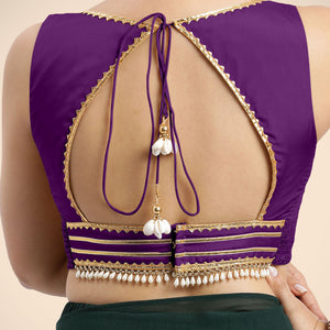  Ishika x Tyohaar | Purple Sleeveless FlexiFit™ Saree Blouse with Beetle Leaf Neckline with Gota Lace and Back Cut-out with Tie-Up_6