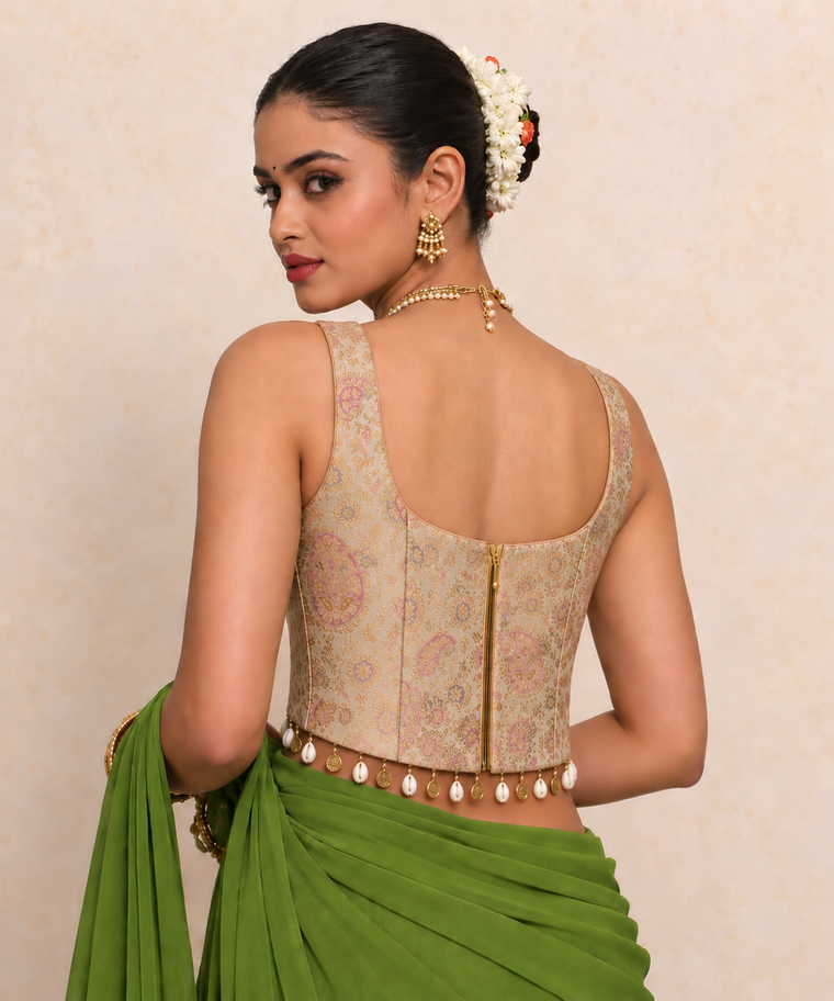 Vantara | Sleeveless Beige Brocade SculptFit™ Corset Top