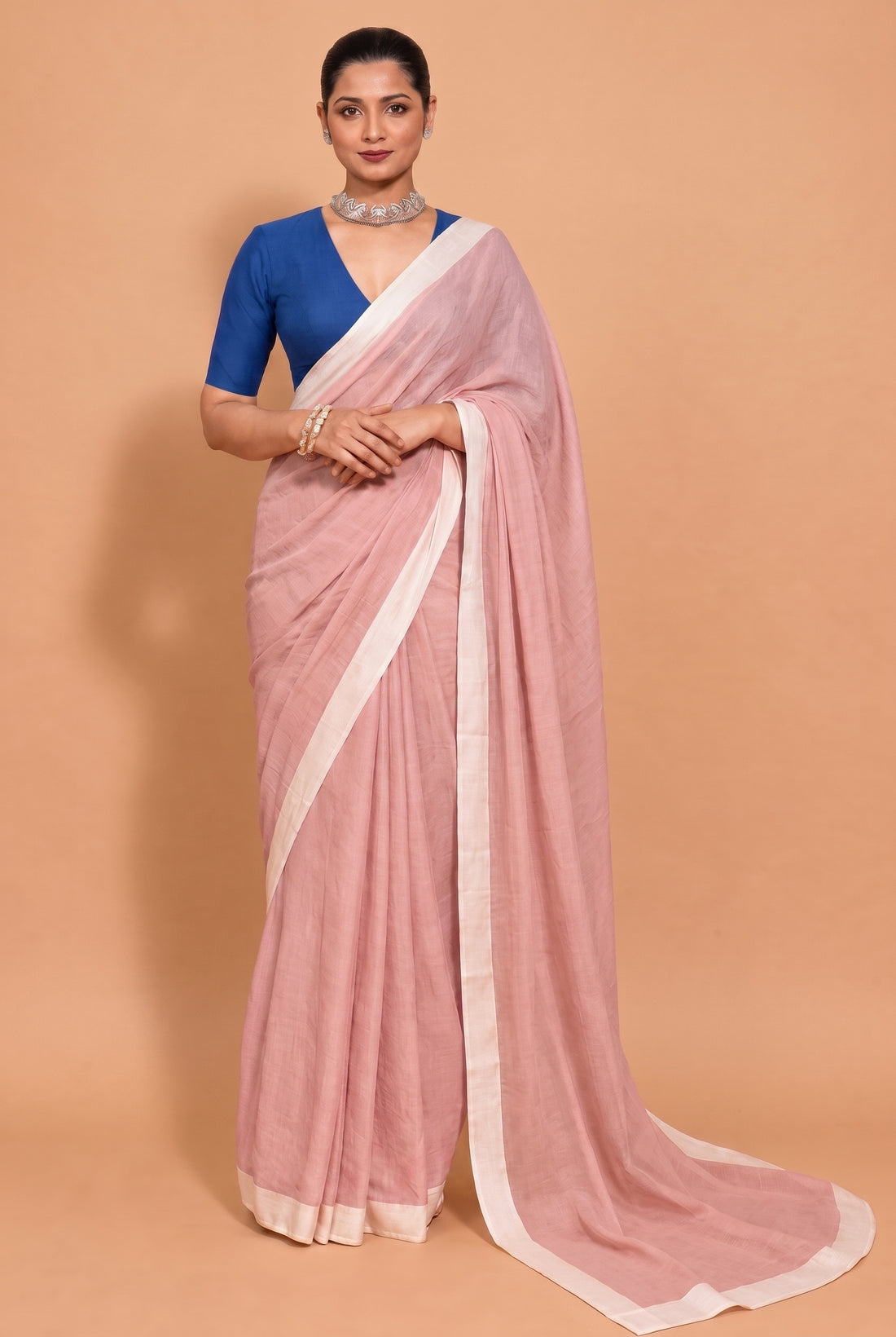 Kaamya | Saree Pastel Pink Mul Cotton DrapeFit™ Saree