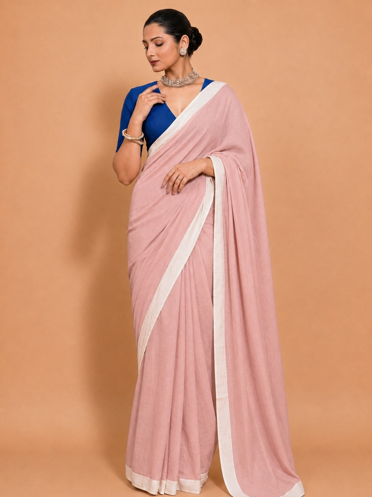 Kaamya | Saree Pastel Pink Mul Cotton DrapeFit™ Saree