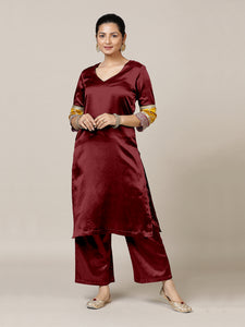 Kainaat x Tyohaar | Garnet Wine Mashru Silk A-Line Kurta with Embroidered Sleeves | Coords or Only Kurta