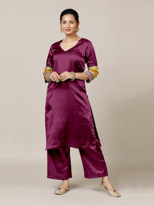 Kainaat x Tyohaar | Mulberry Red Mashru Silk A-Line Kurta with Embroidered Sleeves | Coords or Only Kurta