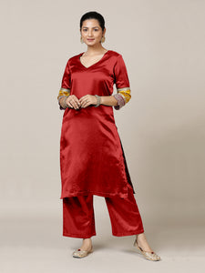 Kainaat x Tyohaar | Ruby Red Mashru Silk A-Line Kurta with Embroidered Sleeves | Coords or Only Kurta