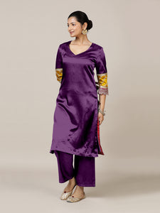 Kainaat x Tyohaar | Moonlight Purple Mashru Silk A-Line Kurta with Embroidered Sleeves | Coords or Only Kurta