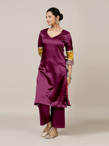 Kainaat x Tyohaar | Mulberry Red Mashru Silk A-Line Kurta with Embroidered Sleeves | Coords or Only Kurta