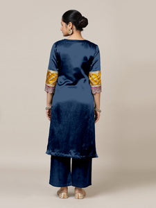 Kainaat x Tyohaar | Midnight Blue Mashru Silk A-Line Kurta with Embroidered Sleeves | Coords or Only Kurta