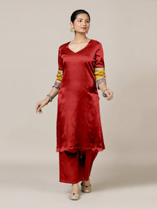 Kainaat x Tyohaar | Ruby Red Mashru Silk A-Line Kurta with Embroidered Sleeves | Coords or Only Kurta