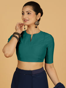 Karishma x Rozaana | Elbow Sleeves Saree Blouse in Peacock Green