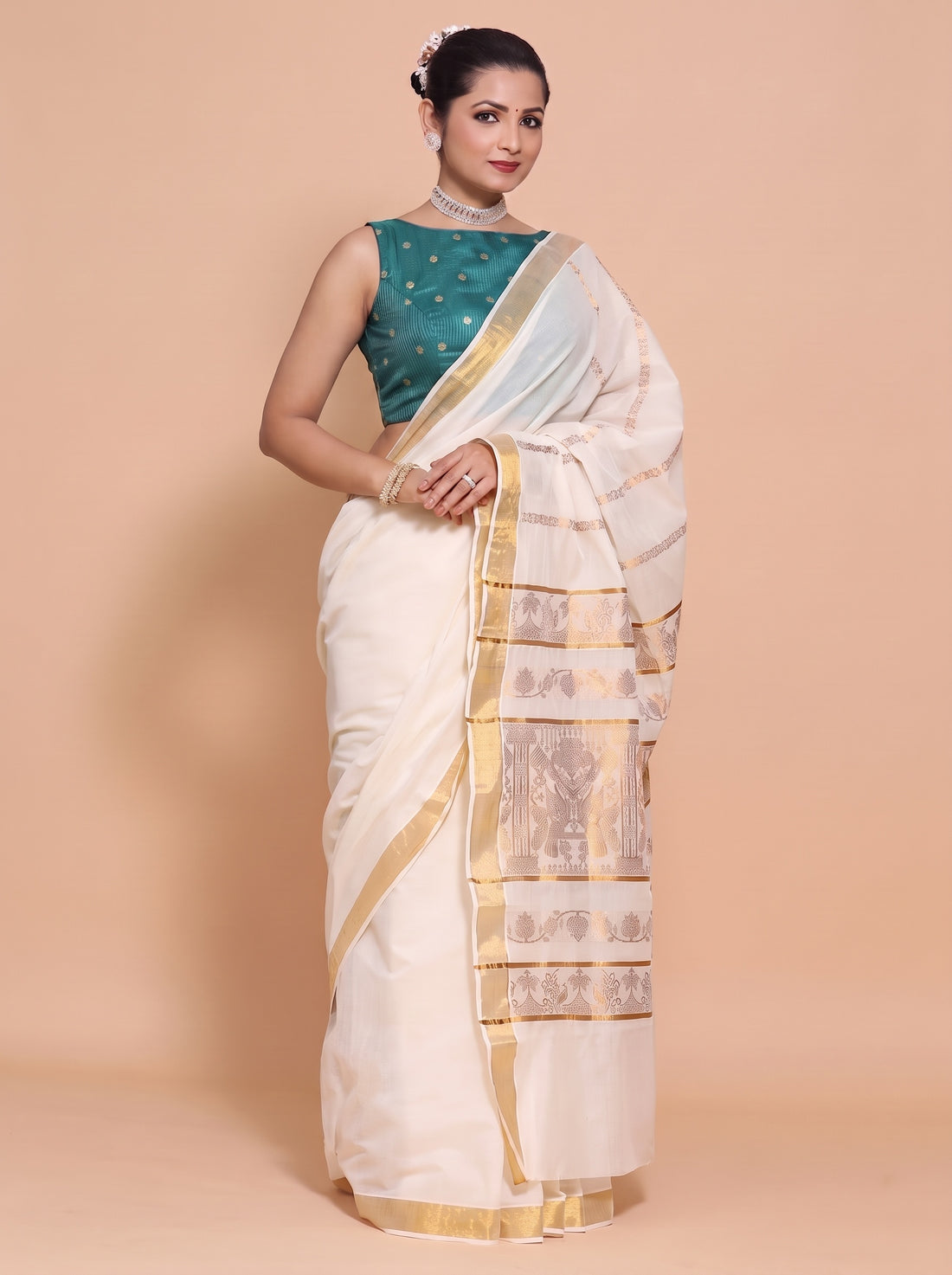 Kasavu-Kit Kasavu Saree with Anika Sleeveless blouse in Mayur Green Striped Peacock Brocade