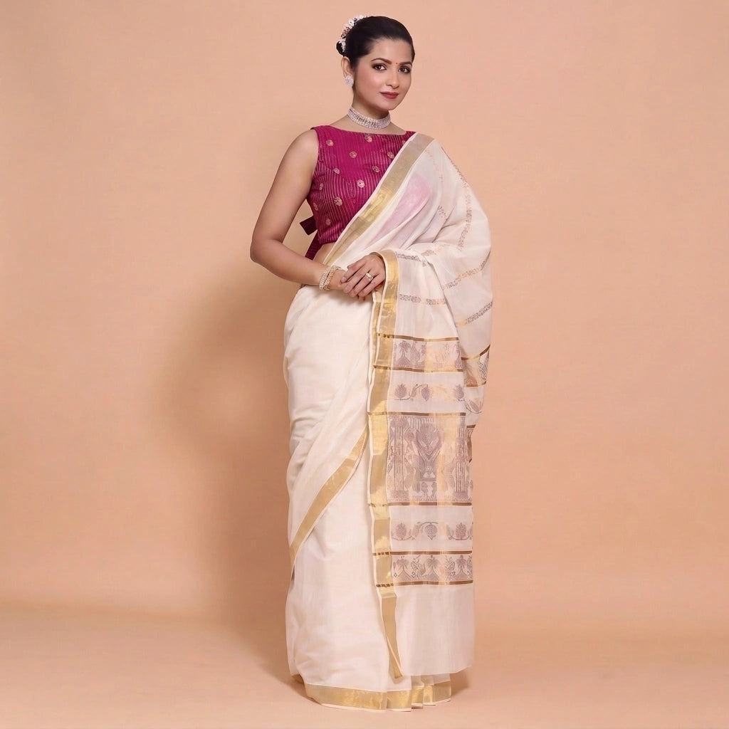 Kasavu-Kit Kasavu Saree with Anika Sleeveless blouse in Plum Striped Peacock Brocade