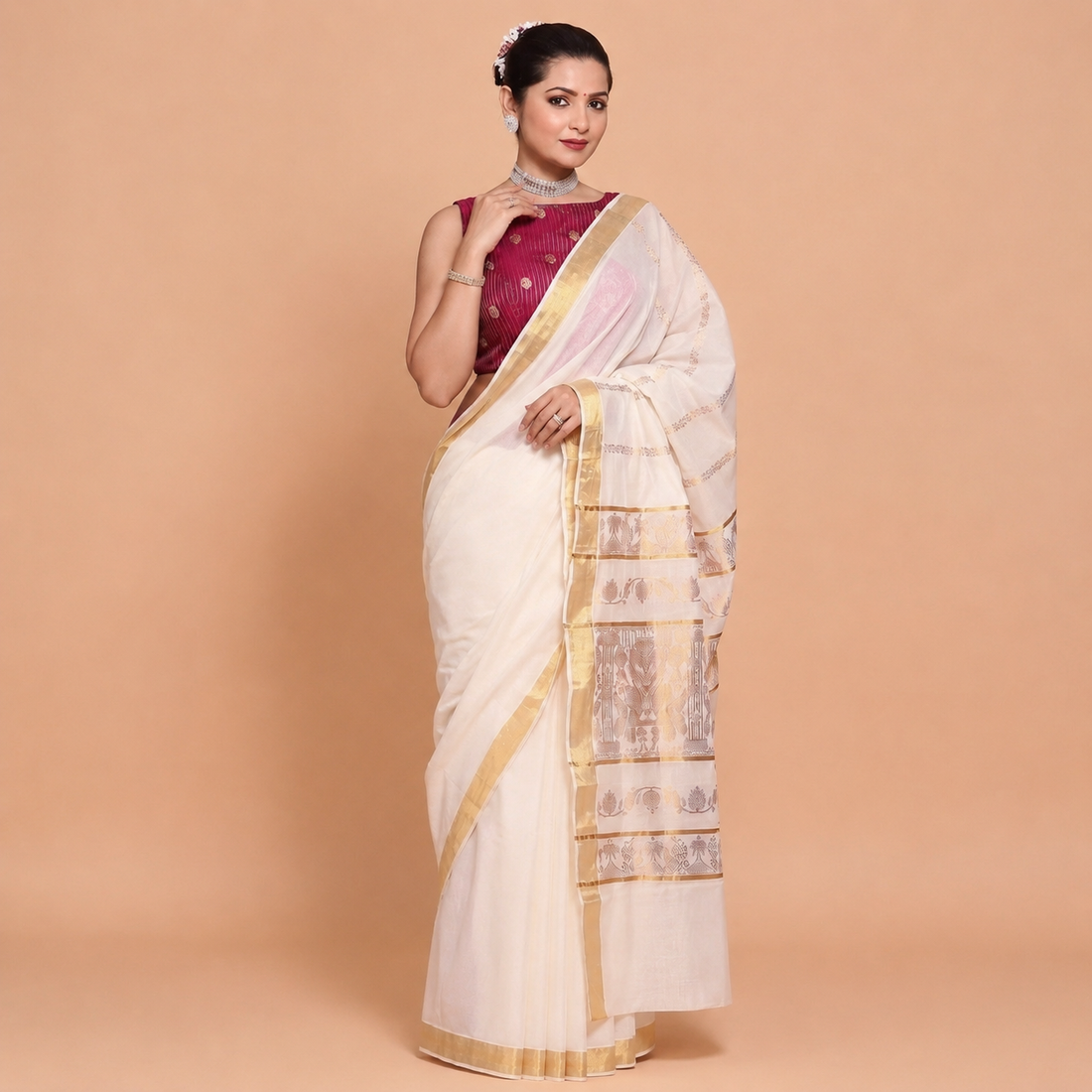 Kasavu-Kit Kasavu Saree with Anika Sleeveless blouse in Plum Striped Peacock Brocade
