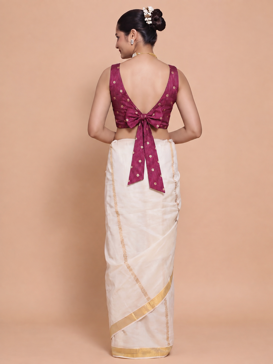 Kasavu-Kit Kasavu Saree with Anika Sleeveless blouse in Plum Striped Peacock Brocade
