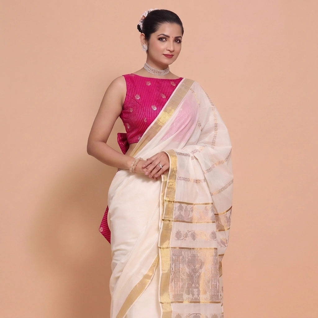 Kasavu-Kit Kasavu Saree with Anika Sleeveless blouse in Rani Pink Striped Peacock Brocade