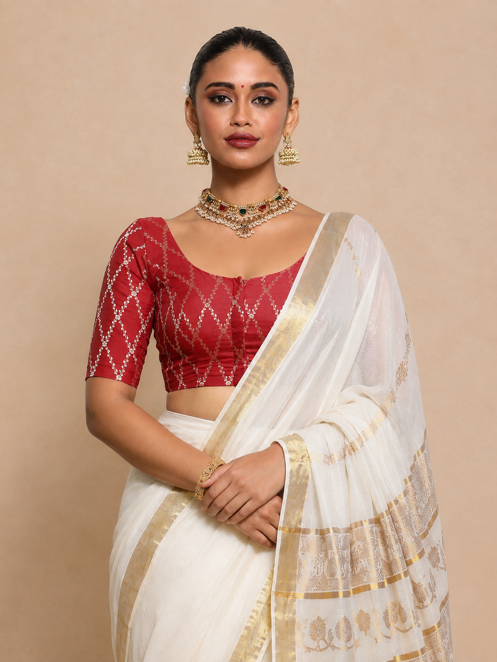 Kasavu-Kit Kasavu Saree with Kumkum Elbow Sleeve blouse in Berry Red Vine Mesh Brocade