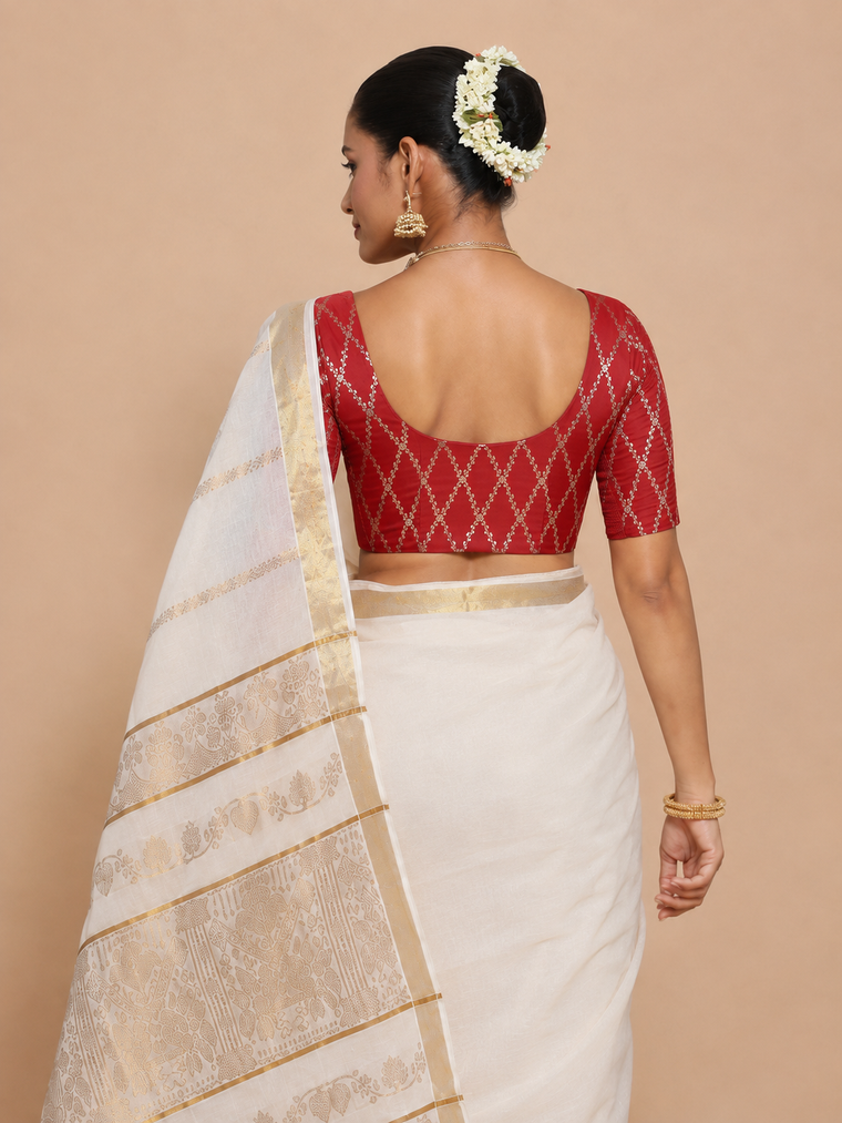 Kasavu-Kit Kasavu Saree with Kumkum Elbow Sleeve blouse in Berry Red Vine Mesh Brocade