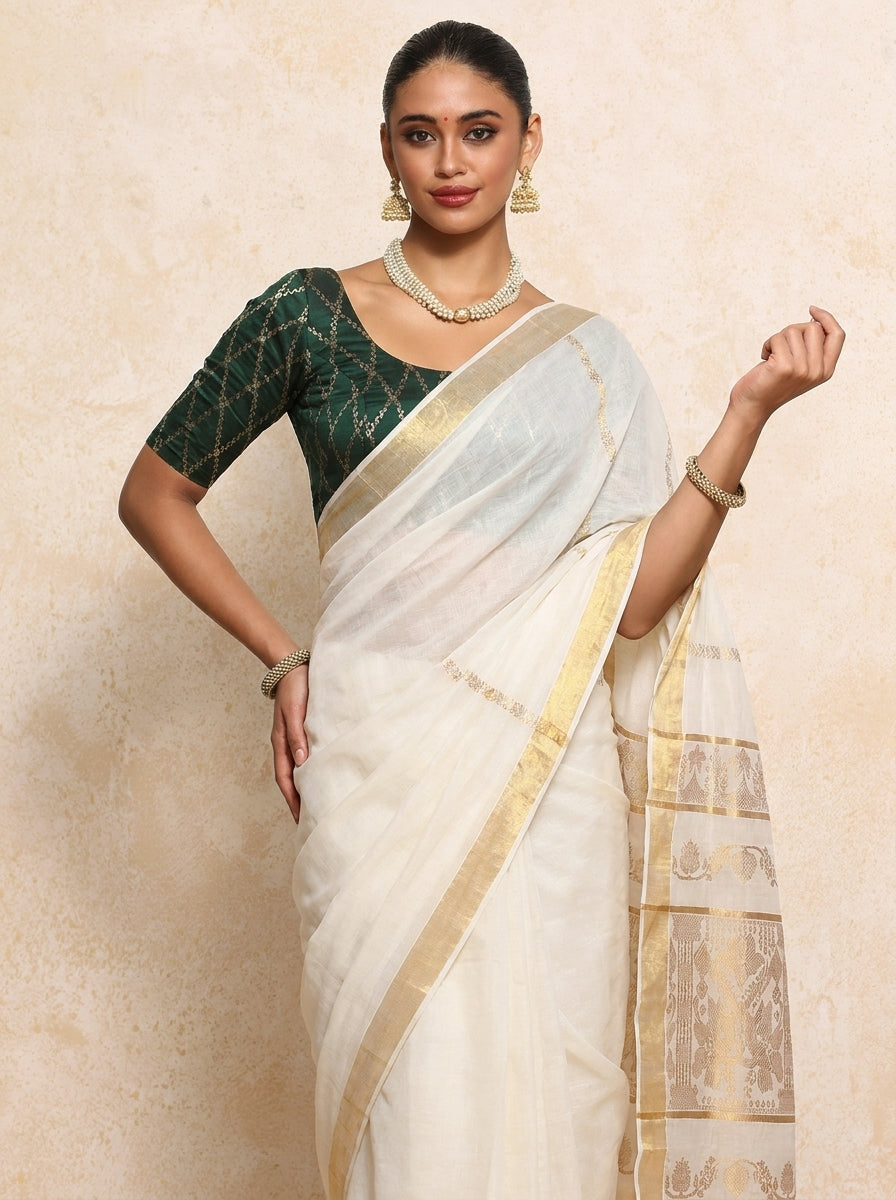 Kasavu-Kit Kasavu Saree with Kumkum Elbow Sleeve blouse in Dark Green Vine Mesh Brocade