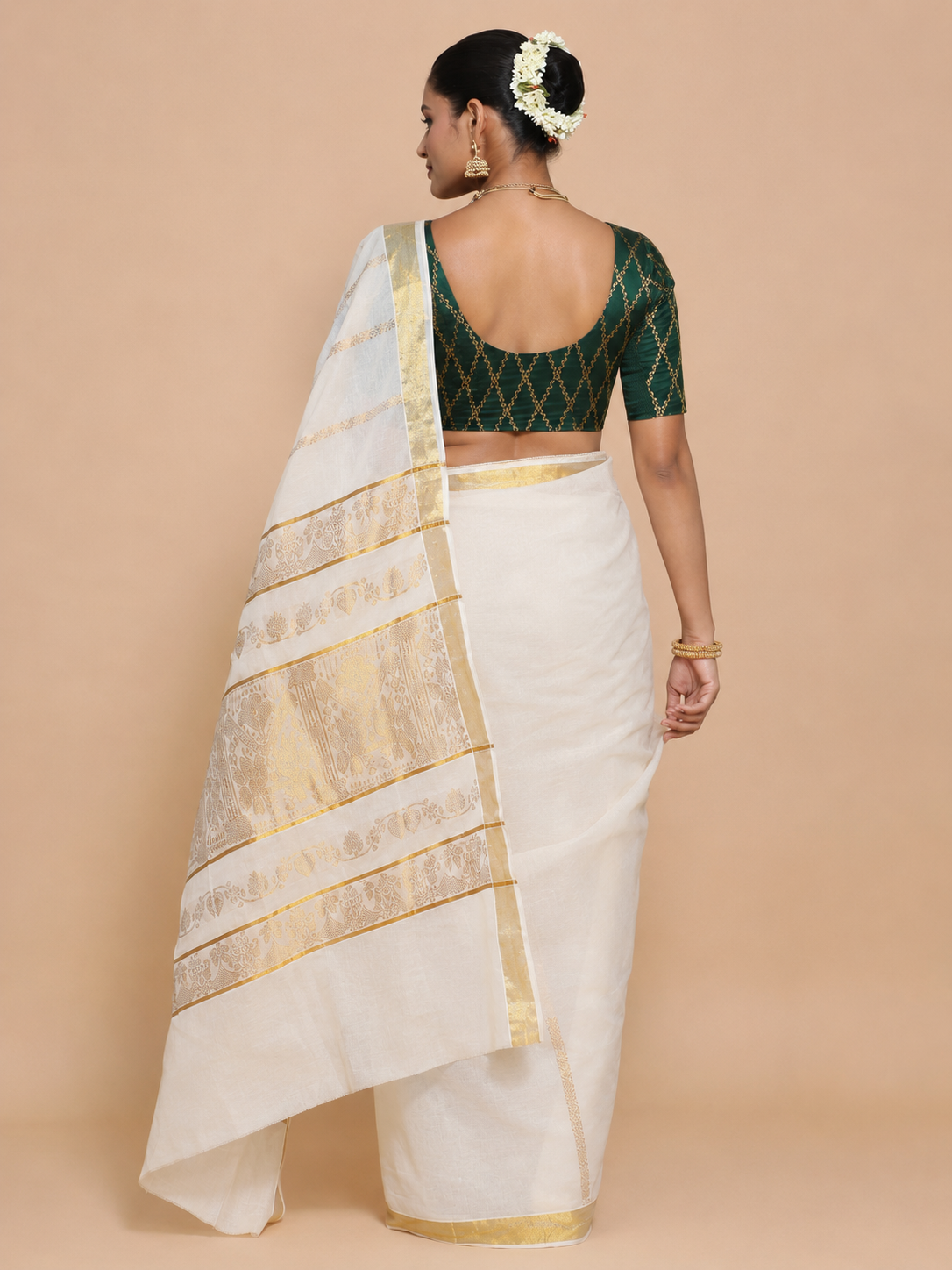 Kasavu-Kit Kasavu Saree with Kumkum Elbow Sleeve blouse in Dark Green Vine Mesh Brocade