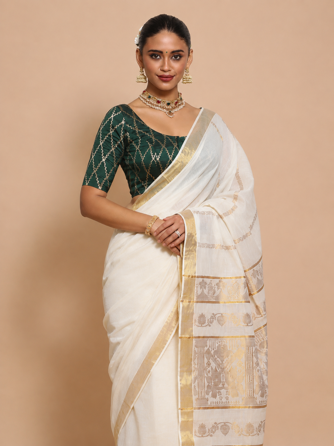 Kasavu-Kit Kasavu Saree with Kumkum Elbow Sleeve blouse in Dark Green Vine Mesh Brocade