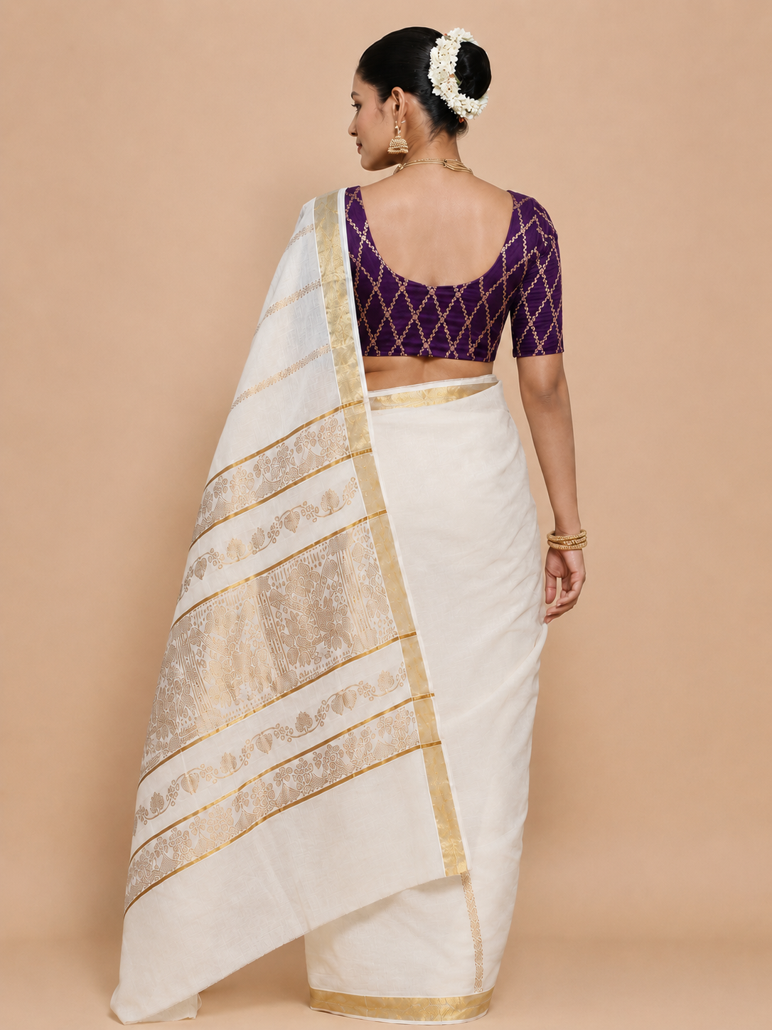 Kasavu-Kit Kasavu Saree with Kumkum Elbow Sleeve blouse in Orchid Plum Vine Mesh Brocade