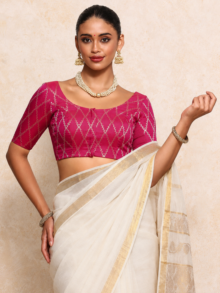Kasavu-Kit Kasavu Saree with Kumkum Elbow Sleeve blouse in Rosy Pink Vine Mesh Brocade
