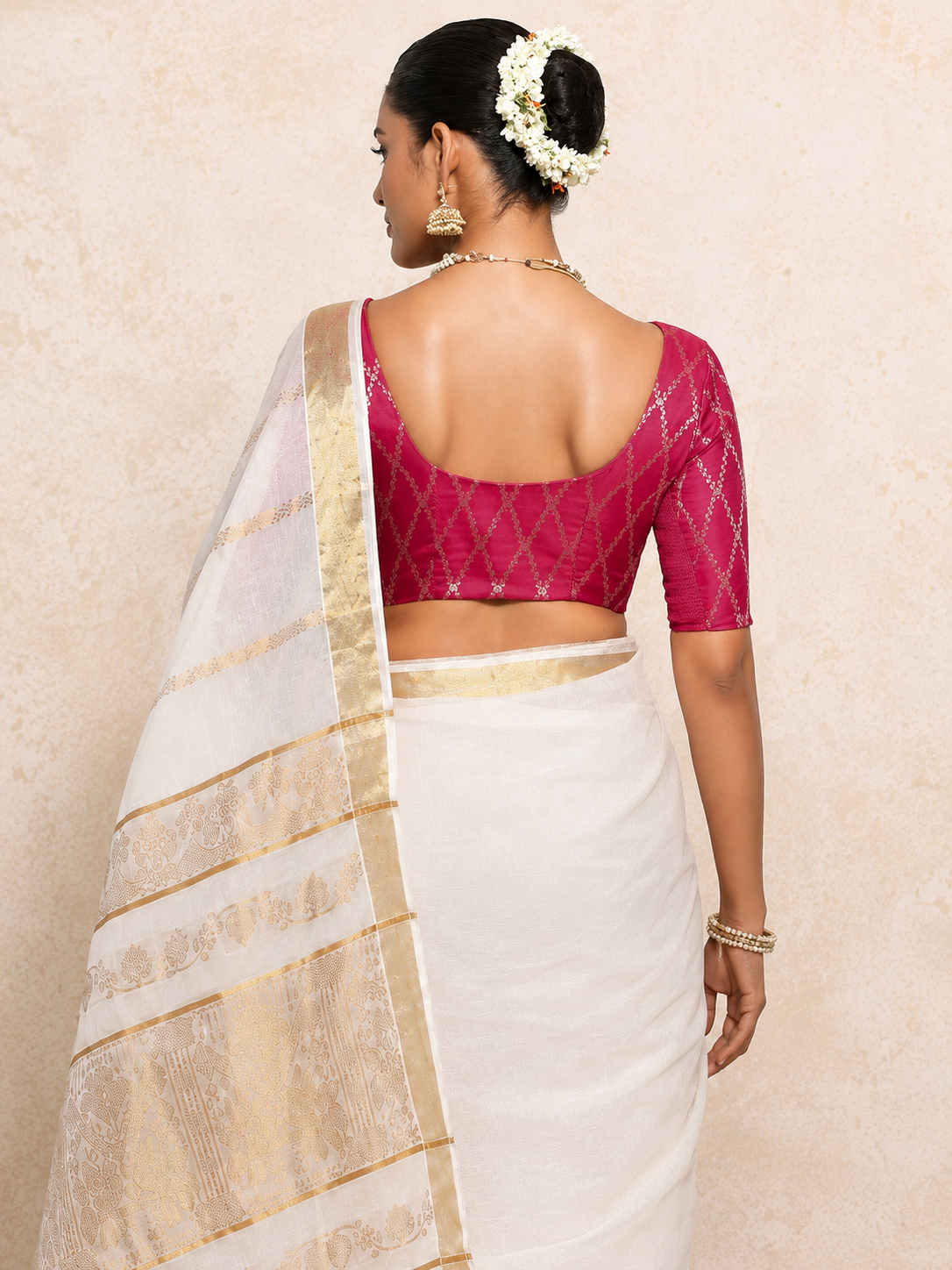 Kasavu-Kit Kasavu Saree with Kumkum Elbow Sleeve blouse in Rosy Pink Vine Mesh Brocade