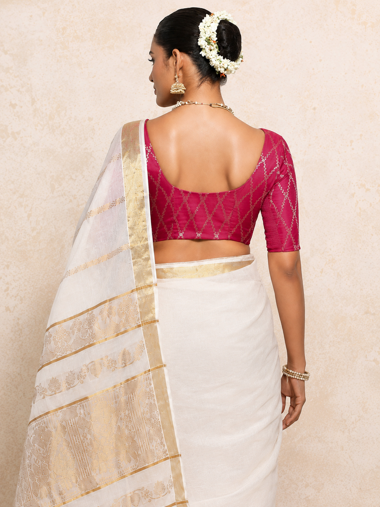 Kasavu-Kit Kasavu Saree with Kumkum Elbow Sleeve blouse in Rosy Pink Vine Mesh Brocade