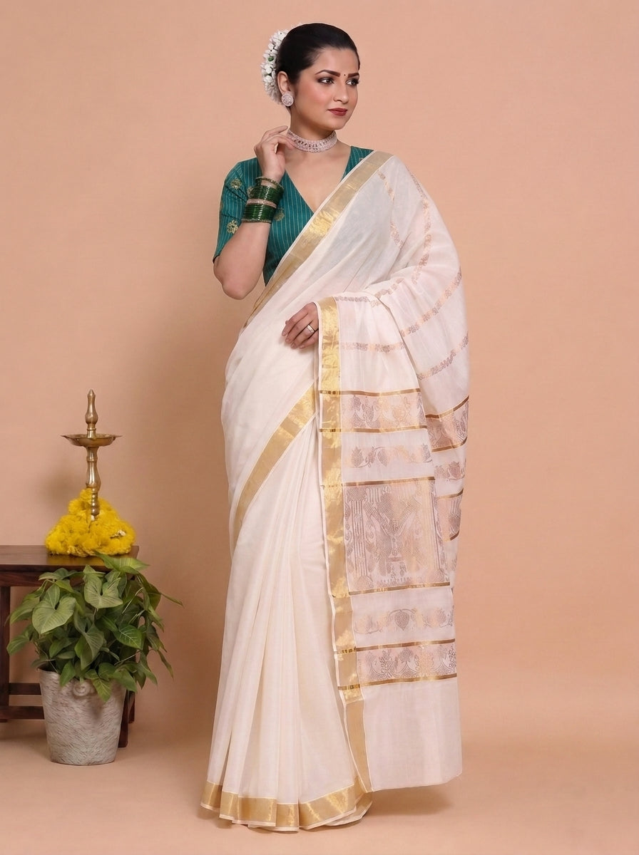 Kasavu-Kit | Kasavu Saree with Madhura Elbow Sleeve blouse in Mayur Green Striped Peacock Brocade