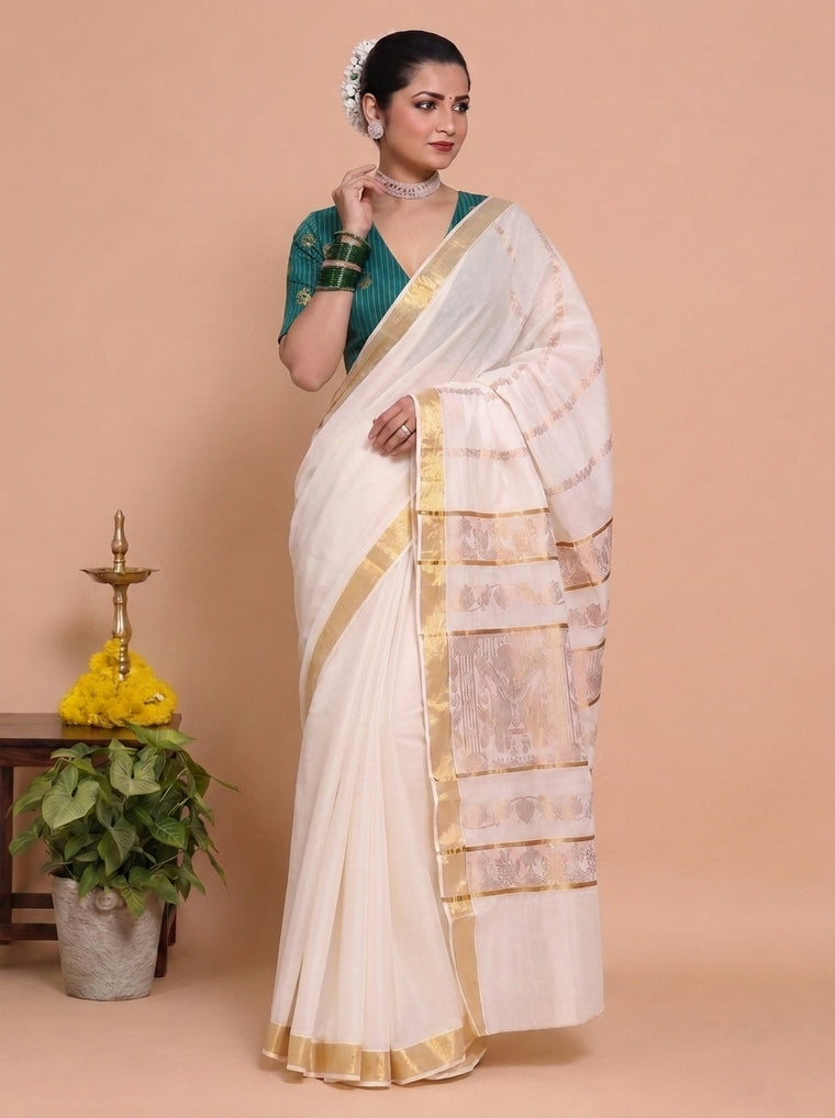 Kasavu-Kit | Kasavu Saree with Madhura Elbow Sleeve blouse in Mayur Green Striped Peacock Brocade