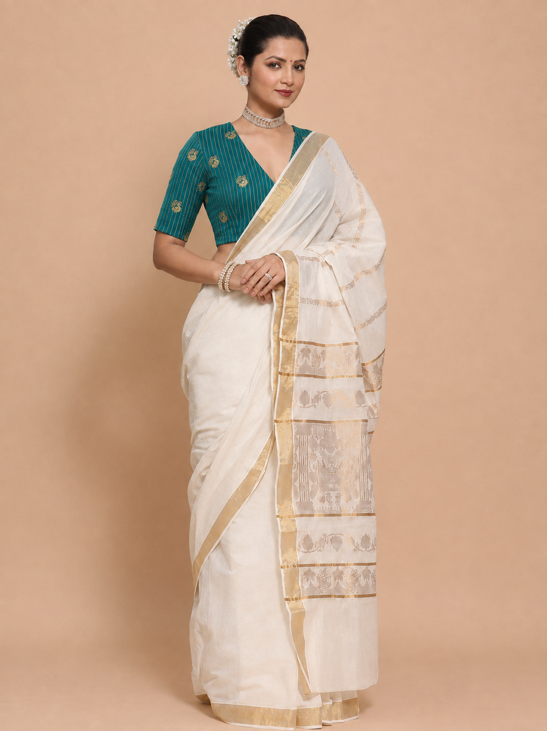 Kasavu-Kit | Kasavu Saree with Madhura Elbow Sleeve blouse in Mayur Green Striped Peacock Brocade